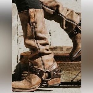 Freebird Tan Leather Boots with Buckle Accents
